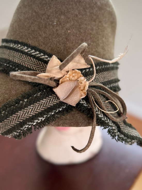Wool Cloche Hat with Olive Green Trim and Bow